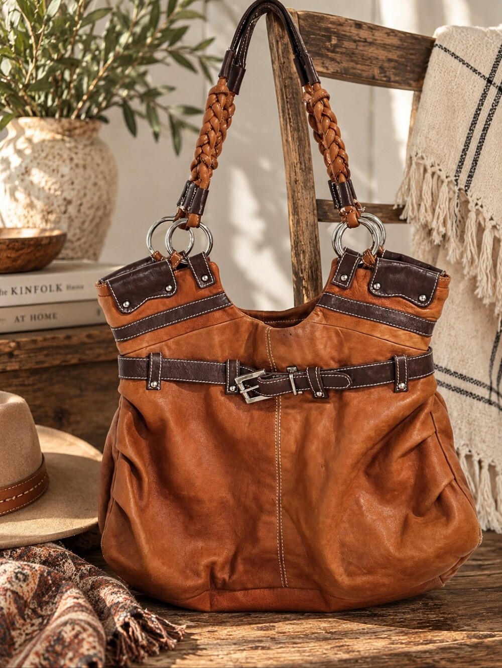 Danier Genuine Leather Handbag Cognac Brown Western Boho Braided Y2K Vintage